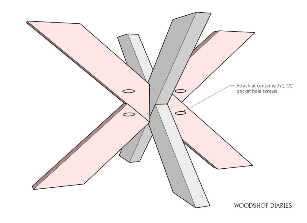 X base coffee table base assembled with pocket holes diagram