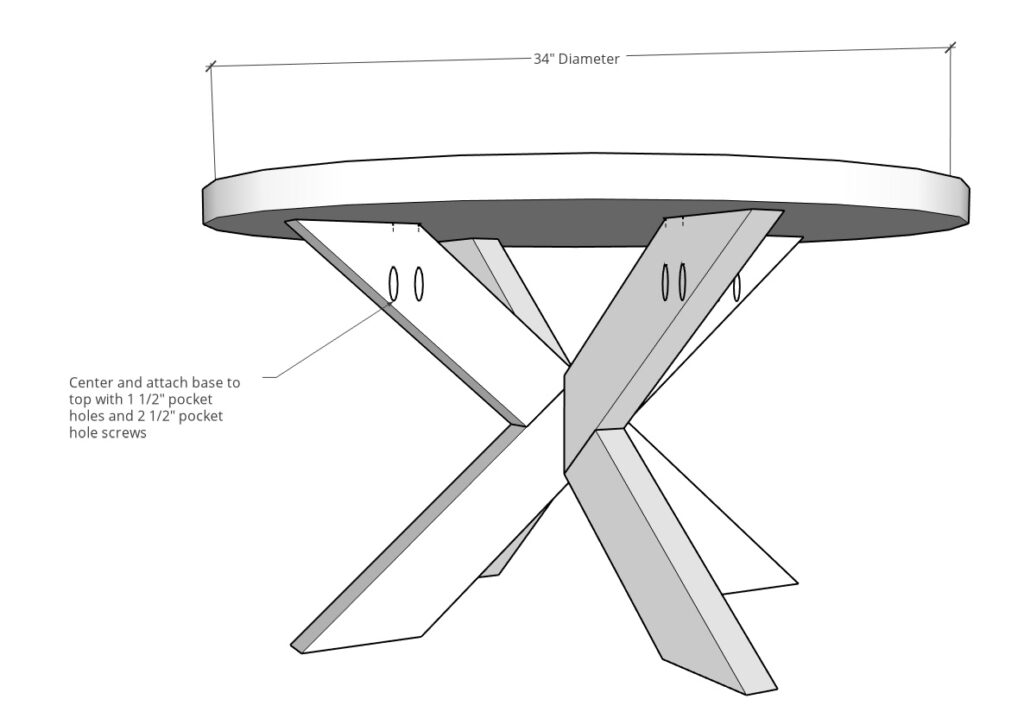 Completed X base round coffee table assembled diagram