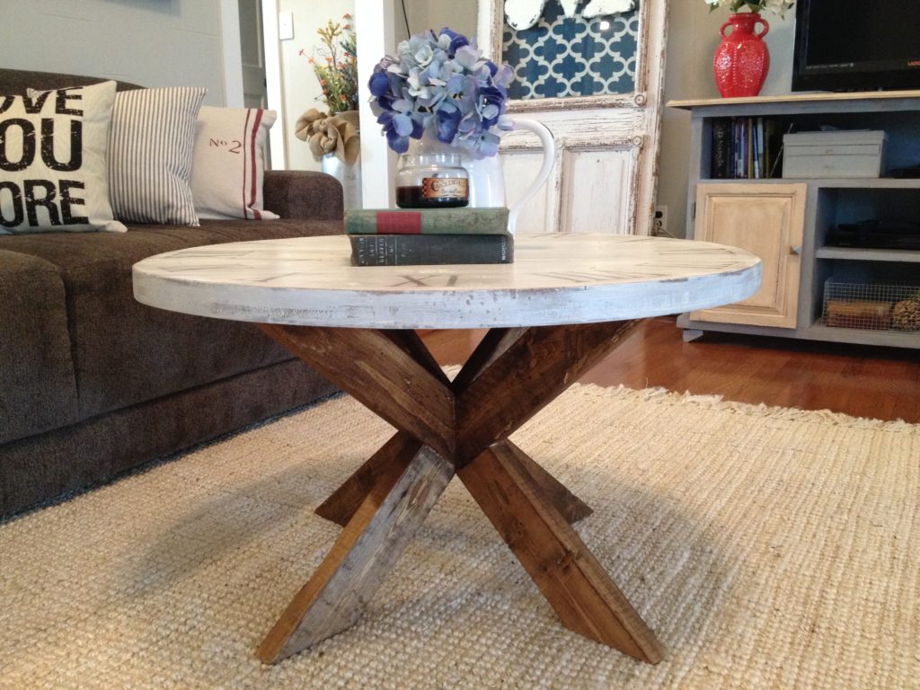 X base coffee table with round top that looks like a clock