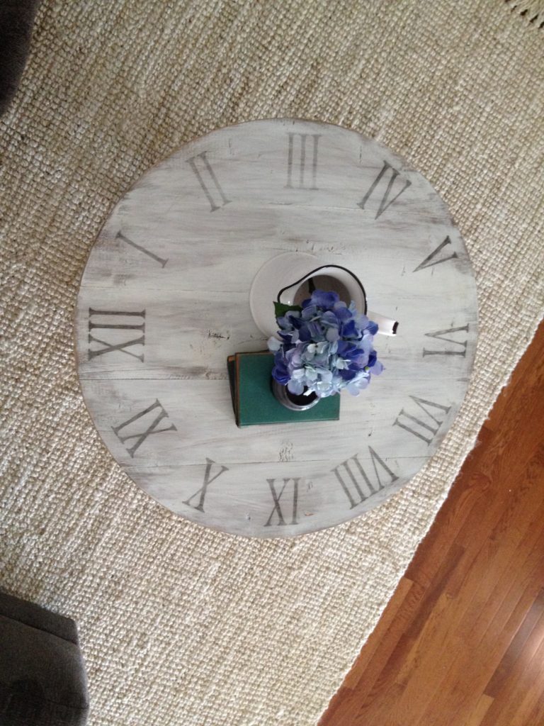 Overhead view of DIY X base clock coffee table