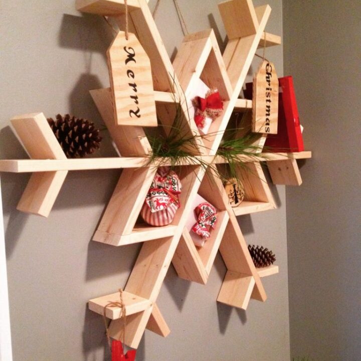 DIY snowflake shelf hanging on the wall decorated