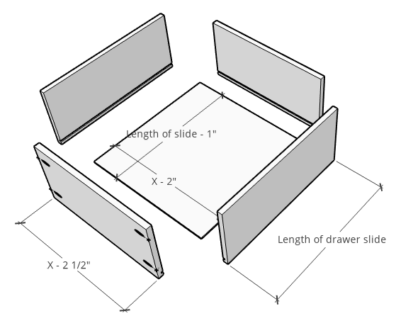 Exploded view of dimensions of pieces needed to build drawers