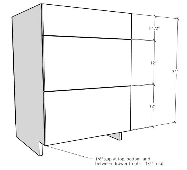 Drawer front spacing example with kitchen cabinet