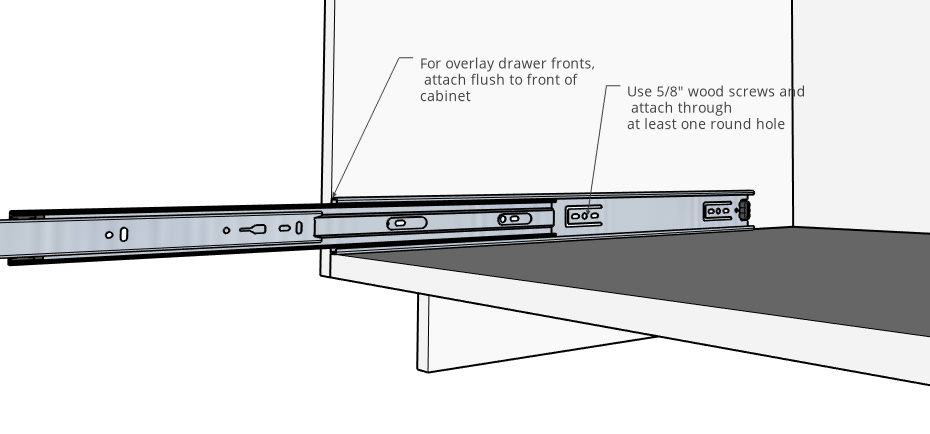 Install overlay drawer front drawer slides flush with the front of the cabinet