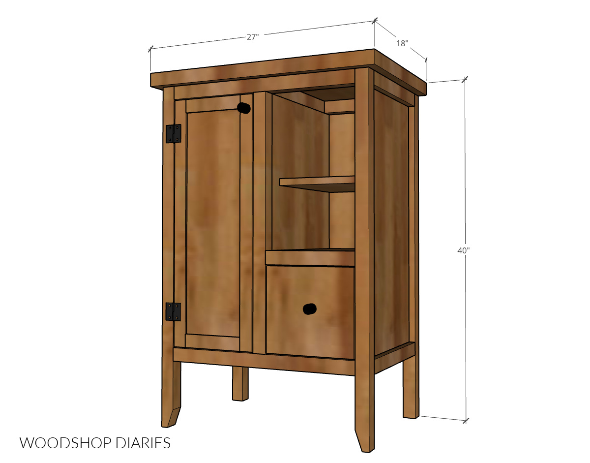 Overall dimensional diagram showing coffee bar cabinet dimensions