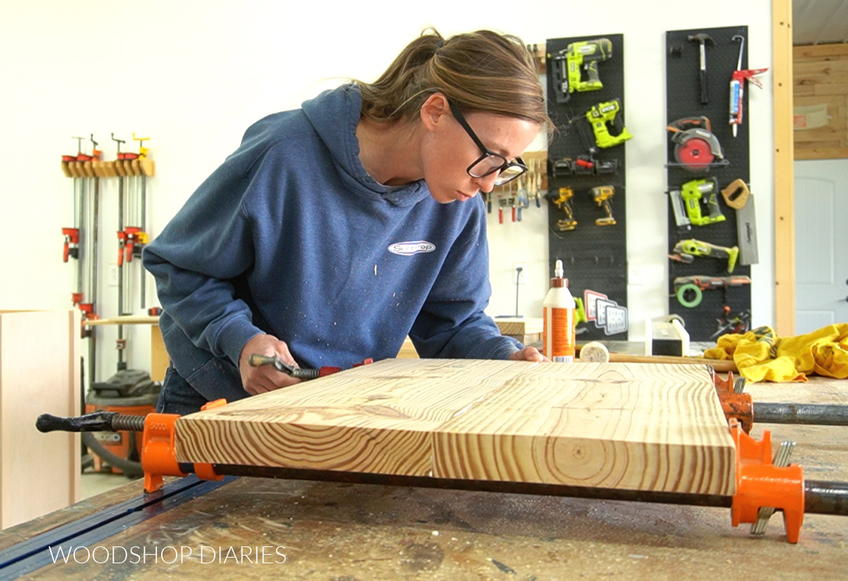 Shara Woodshop Diaries gluing up table top with pipe clamps 