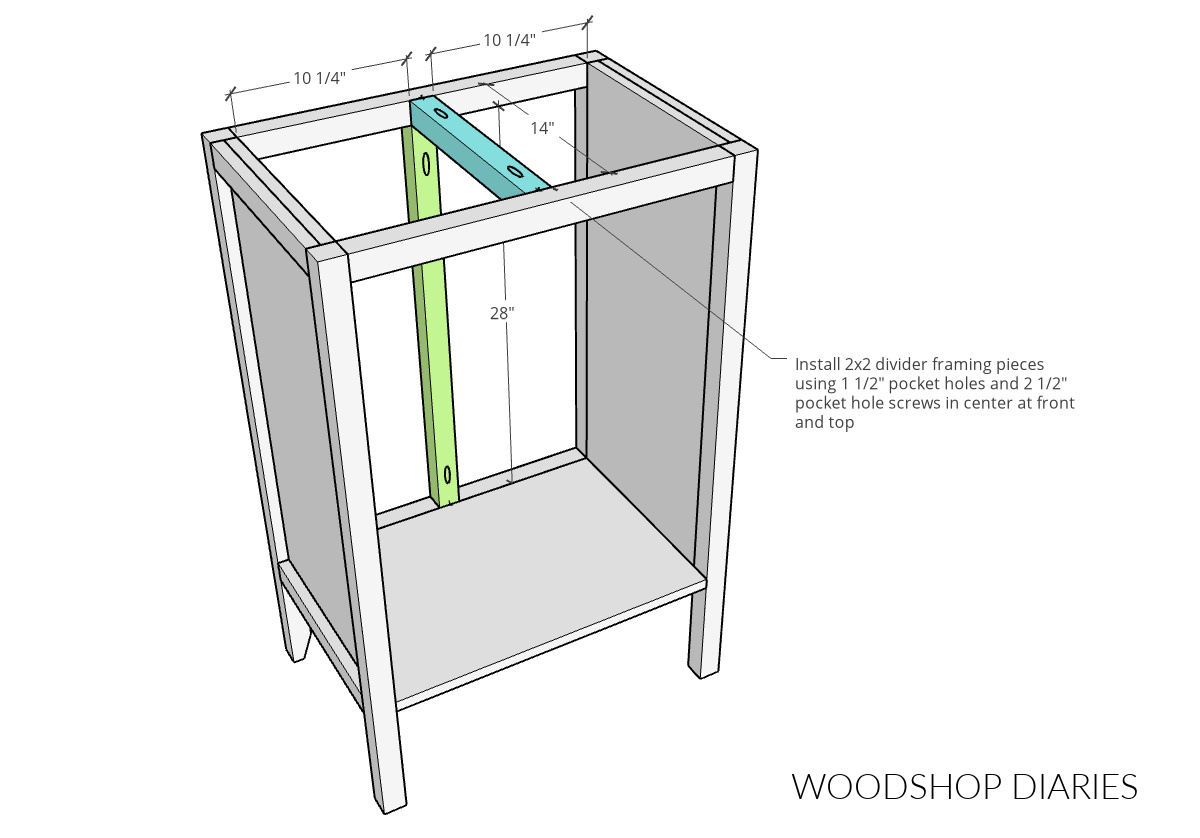 Diagram showing how and where to attach divider framing pieces in storage cabinet