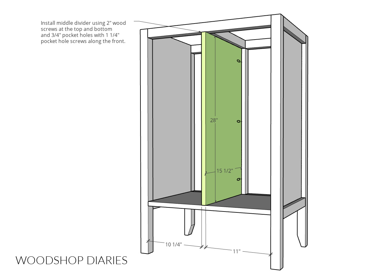 Diagram showing where and how to attach middle divider panels of storage cabinet