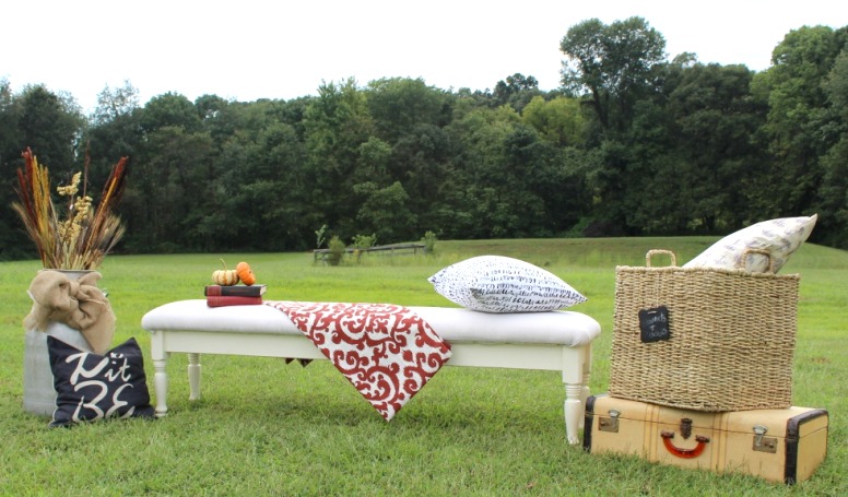 Simple Upholstered Bench painted white with turned legs