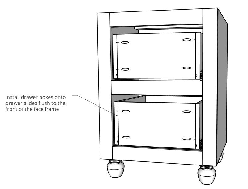 3D diagram of drawers installed into side cabinets