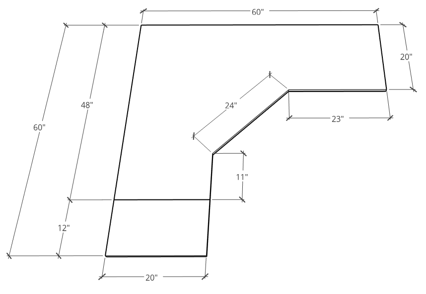 Overall desk top dimensions layout