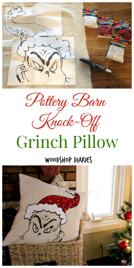 Materials needed and finished Grinch pillow cover pinterest collage image