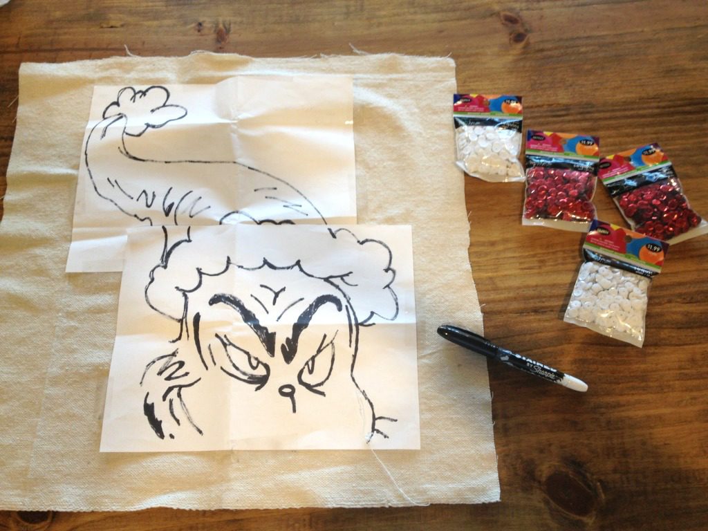 Materials needed to make DIY Grinch pillow cover