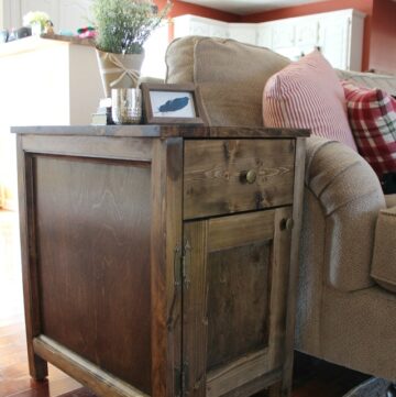 DIY Farmhouse Side Table with Storage for Diapers and Other Random Stuff You Want To Hide