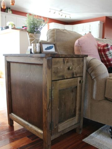 DIY Farmhouse Side Table with Storage for Diapers and Other Random Stuff You Want To Hide