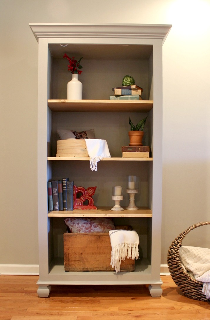 Tall freestanding bookshelf--grey and natural wood finishes
