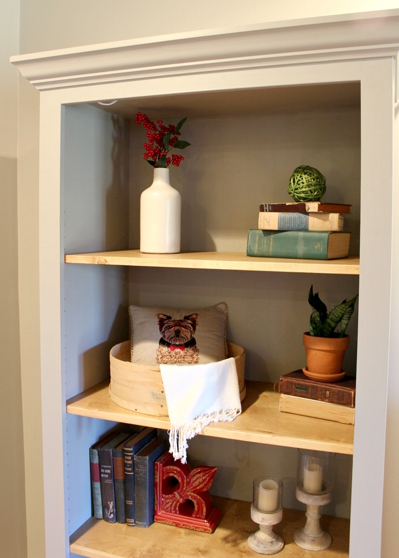 DIY Bookshelf with adjustable shelves --grey painted cabinet, wood stained shelves