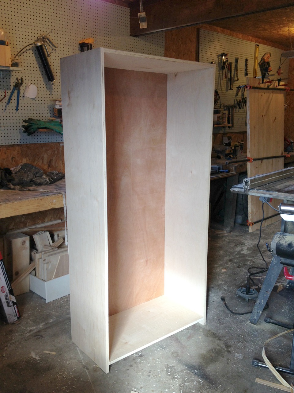 DIY Bookshelf cabinet carcass assembled with back installed