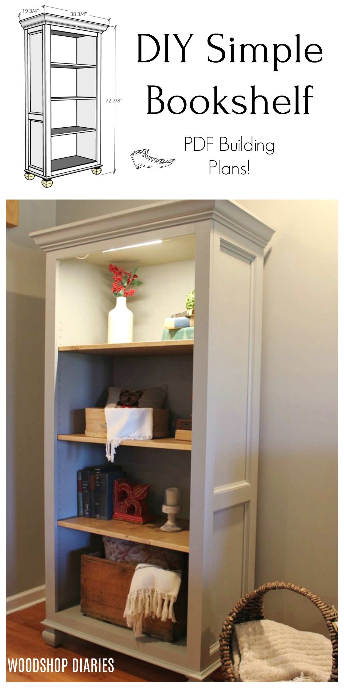 DIY Simple Freestanding Tall Bookshelf Pinterest collage