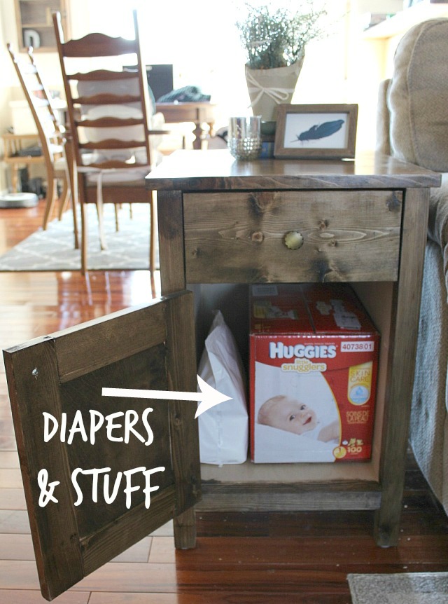 DIY Farmhouse Side Table with Storage for Diapers and Other Random Stuff You Want To Hide