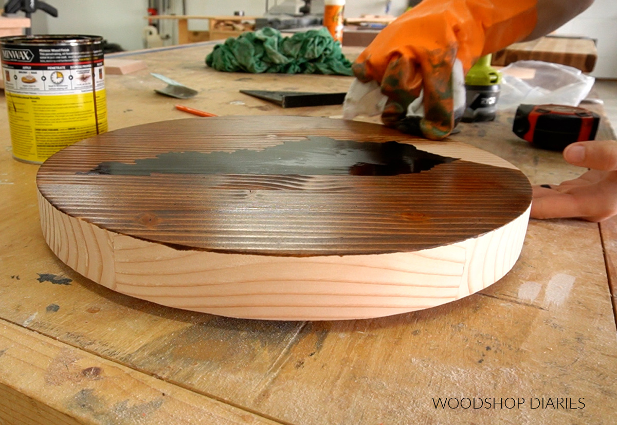 applying wood stain to lazy susan