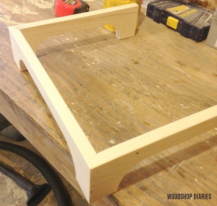 Linen shelf base corners mitered, glued, and nailed together