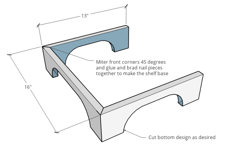 Cabinet base design with two short pieces, one long piece and decorative curves cut