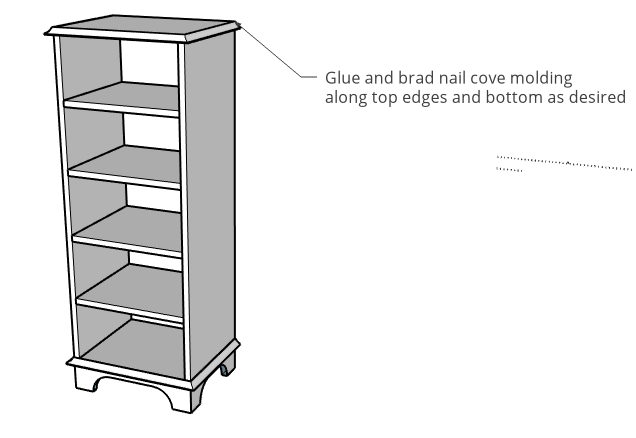 Tall linen shelf cabinet with cove molding along top and bottom to cover plywood edges