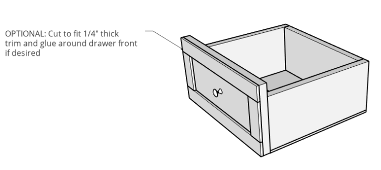 Drawer box with trim glued on front