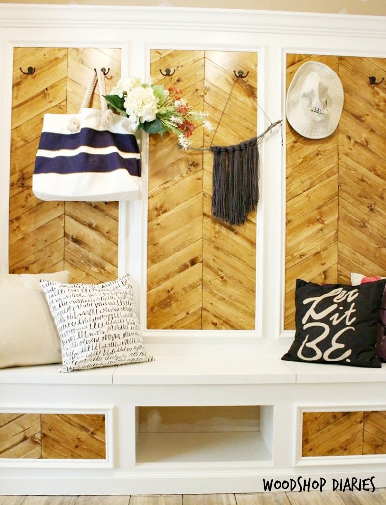 Mudroom Transformation with built ins hook wall and shoe bench