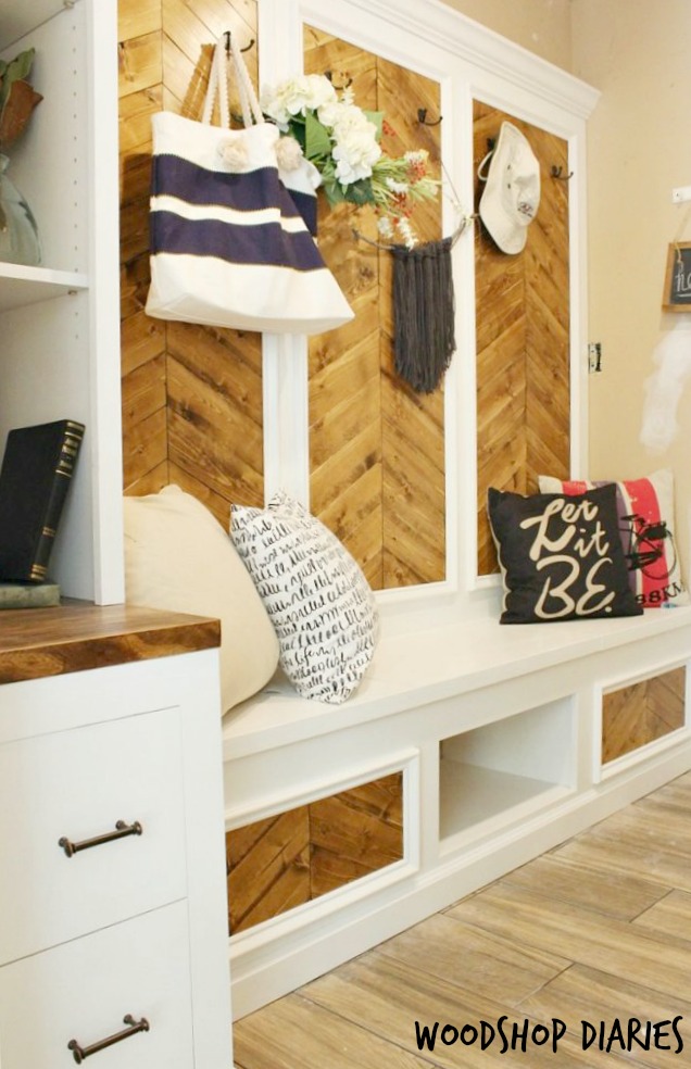 Mudroom Built Ins Transformation--The After with shoe bench, shelves, and wall hooks