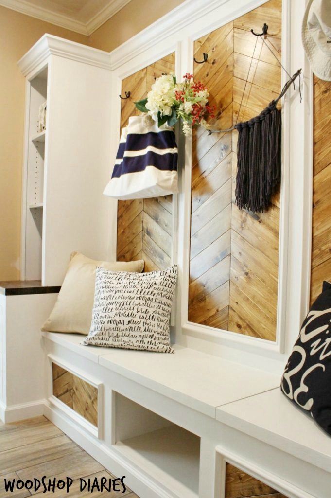 DIY Mudroom Built Ins Transformation--The After with show bench, wall hooks, and shelving