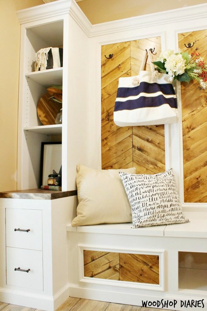 Mudroom Before and After Left side dummy drawer cabinet covers large duct in corner