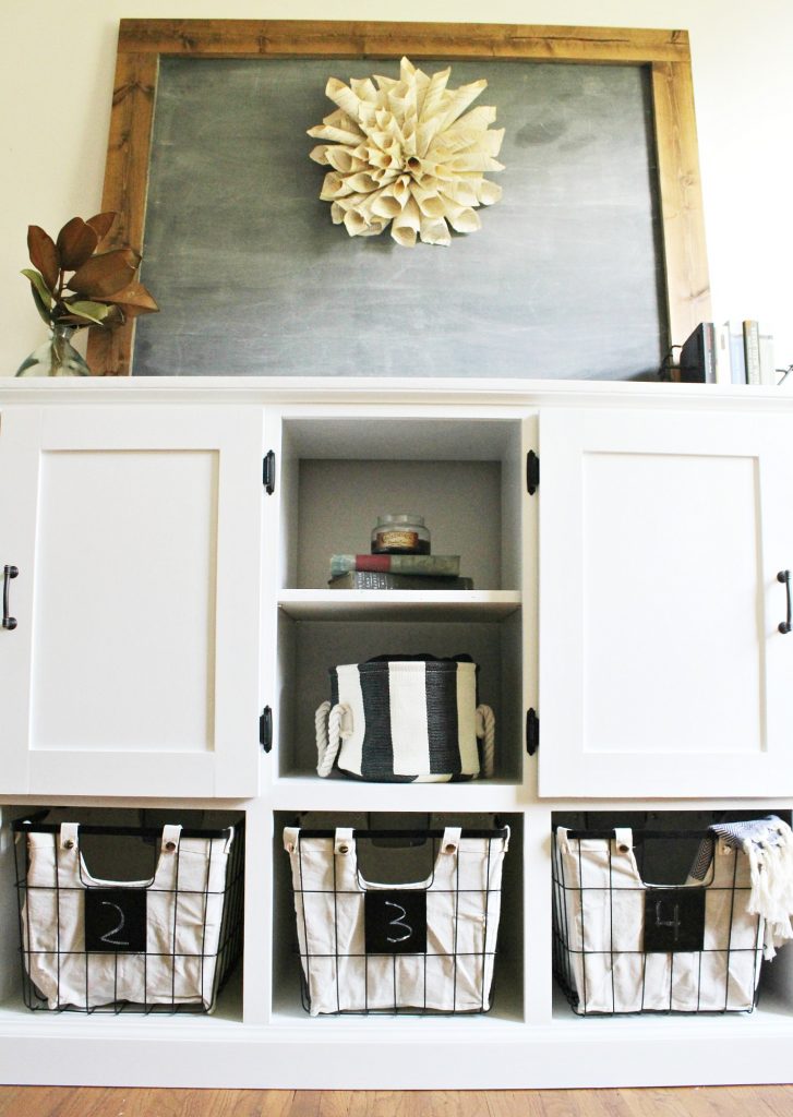 Storage console cabinet with open shelving in middle