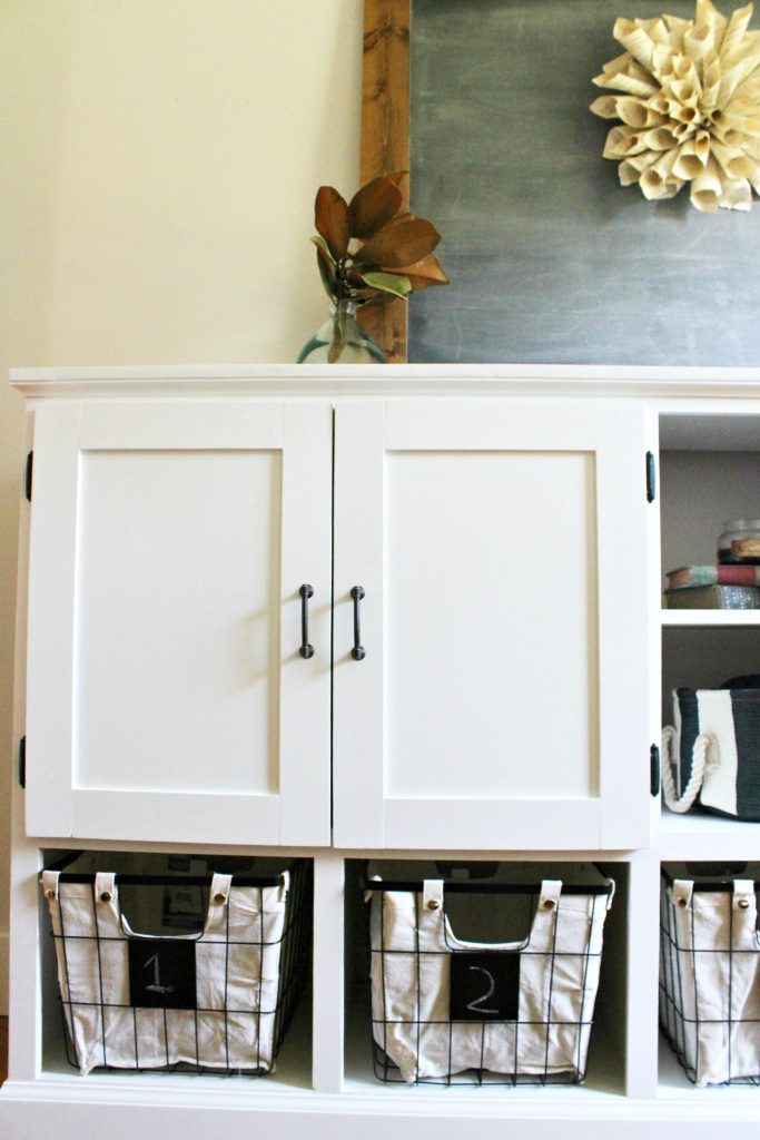 Close up of shaker doors on DIY storage console cabinet