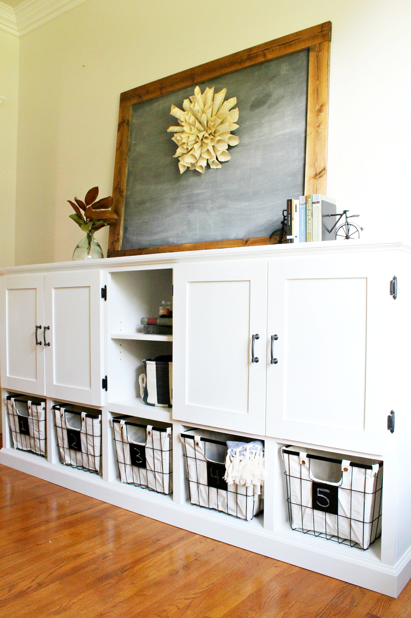 diy storage console -{with cabinets, shelves, and cubbies!}