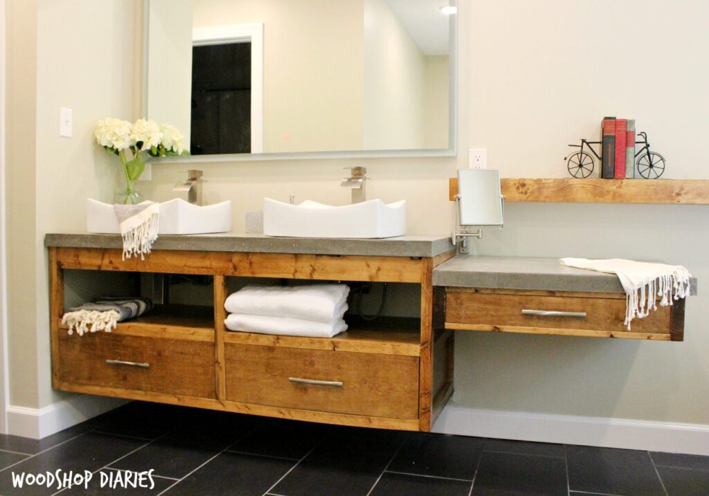 White Oak Floating Bathroom Storage Cabinet With Sliding Doors 