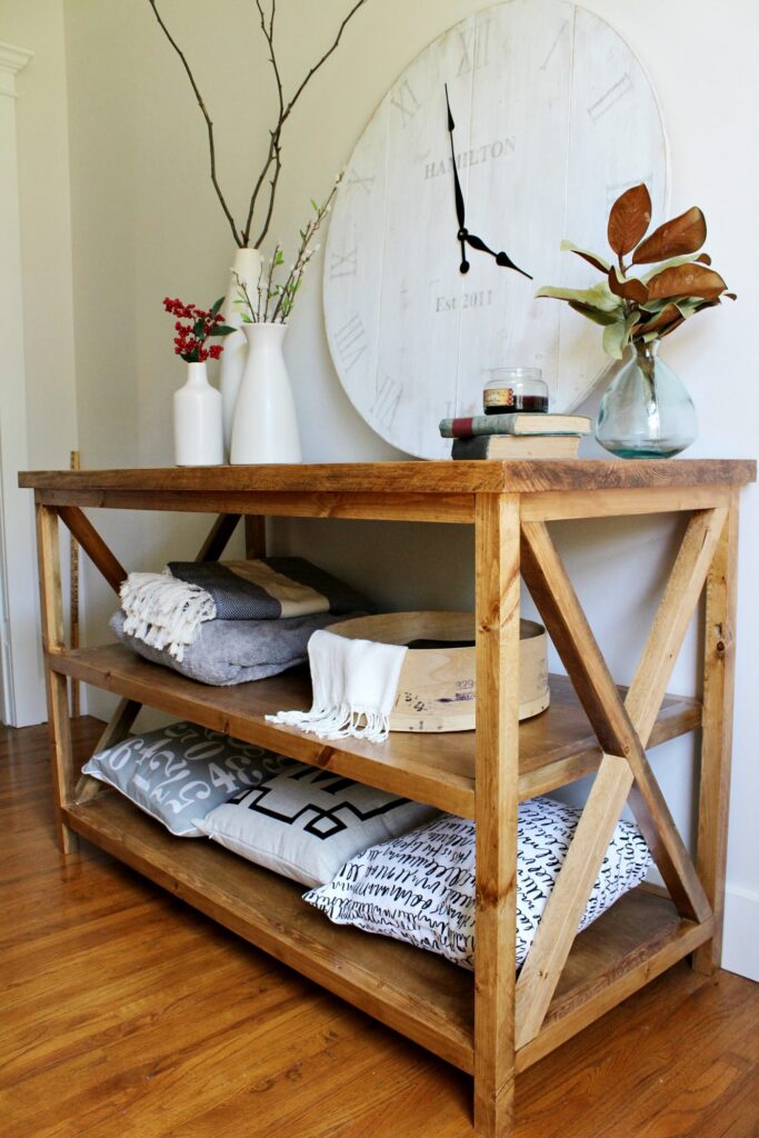 How to build a DIY X base console table with middle shelf for added storage--free building plans!