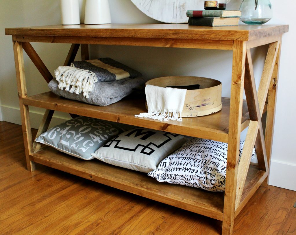 DIY X Base Console Table stained with Minwax Early American and finished with Minwax Polycrylic--Free building plans to make your own!