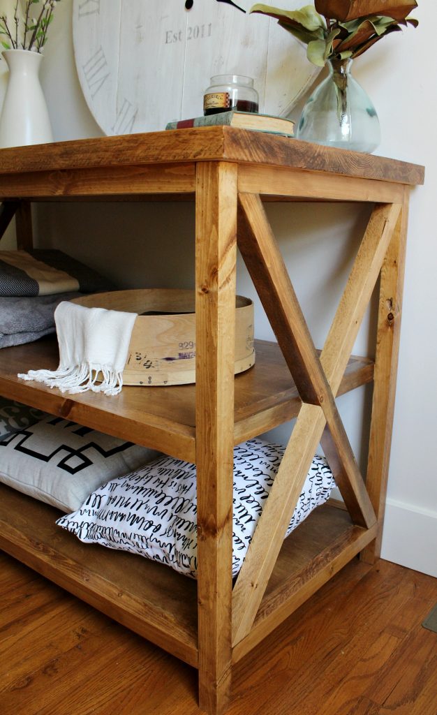 DIY X Base Console table with open shelf--free building plans and tutorial