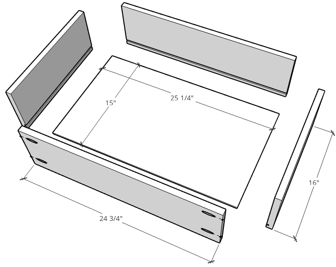 Exploded drawer box diagram dimensions