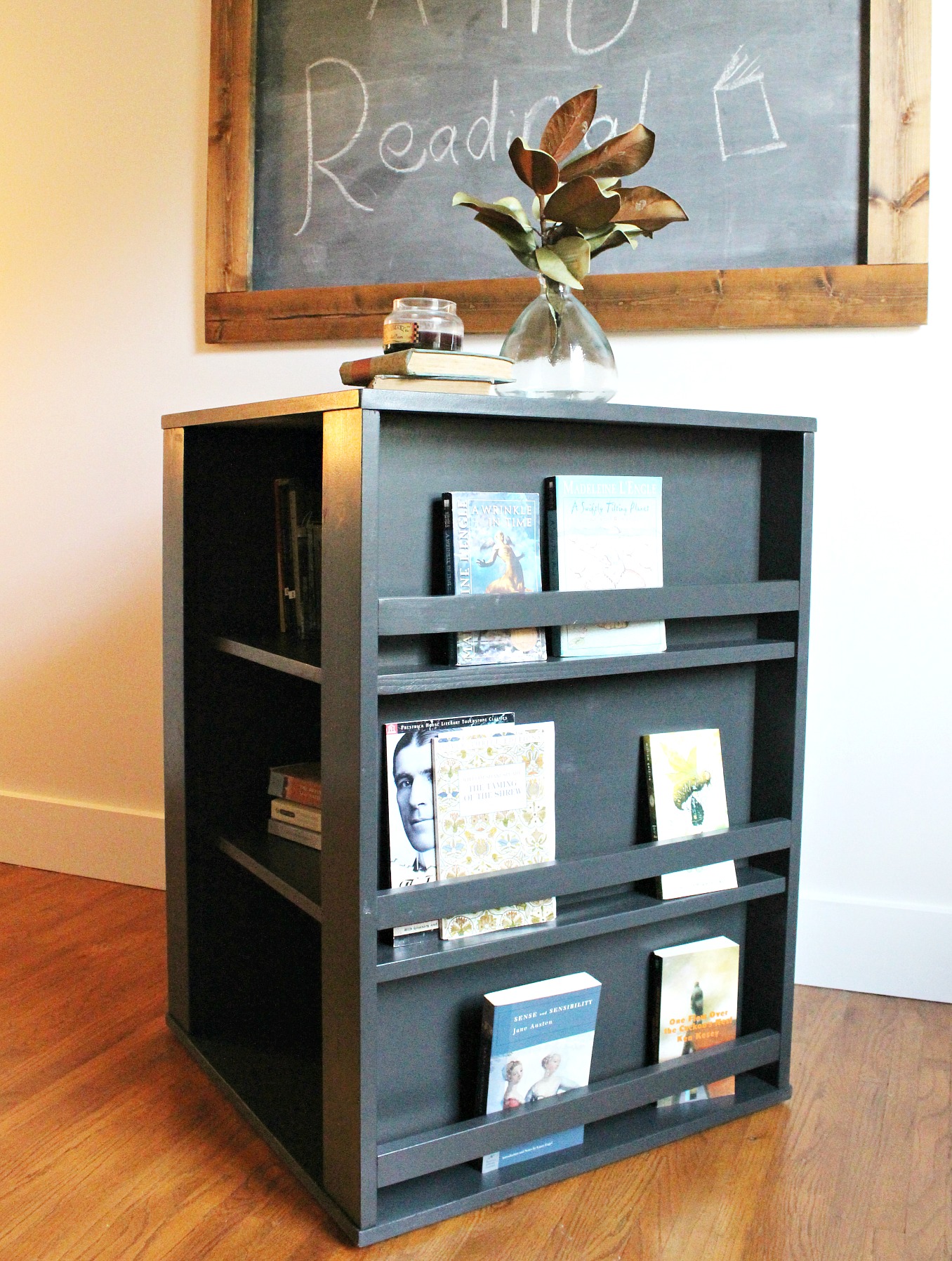 Get the free building plans for this DIY Four Sided Spinning Kid's Bookshelf