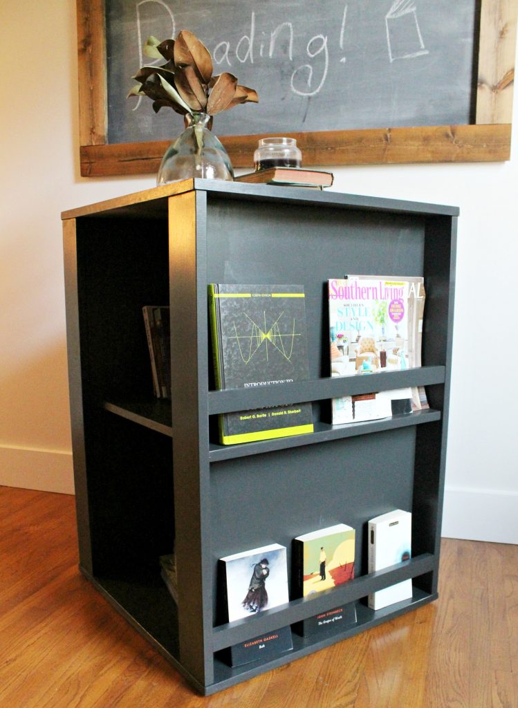 This easy to build four sided Kid's bookshelf is a really fun way to add functional storage to your kid's playroom. Get the free building plans to build your own DIY version of a spinning bookshelf here!