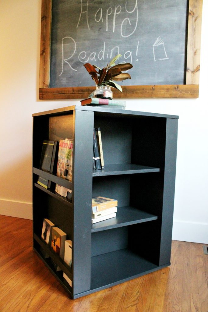 Build your own DIY Kid's four sided spinning bookshelf with these free plans! Perfect size for a kid's playroom to storage all those toys and books