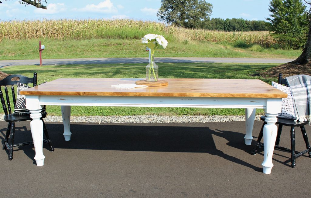 How to Build a DIY Farmhouse Dining Table with Turned distressed legs