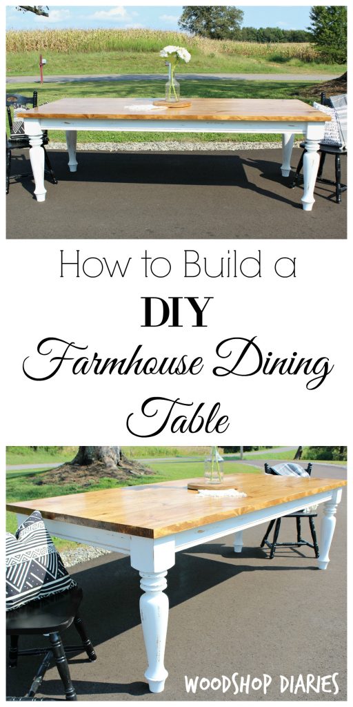 Free building plans!! How to build a DIY Farmhouse Dining Table with gorgeous distressed white turned legs and Minwax Early American Stained top