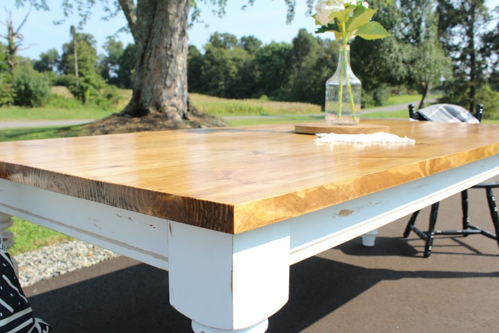 How to Build your Own DIY Farmhouse Dining Table with white base and stained top