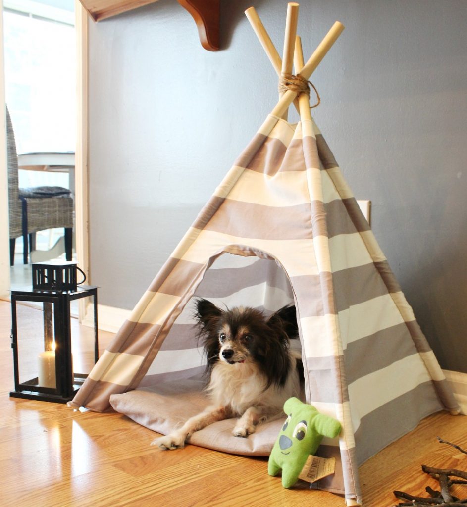 How to make a DIY dog tent from a little fabric and some dowel rods! Super easy sewing tutorial--great beginner project!