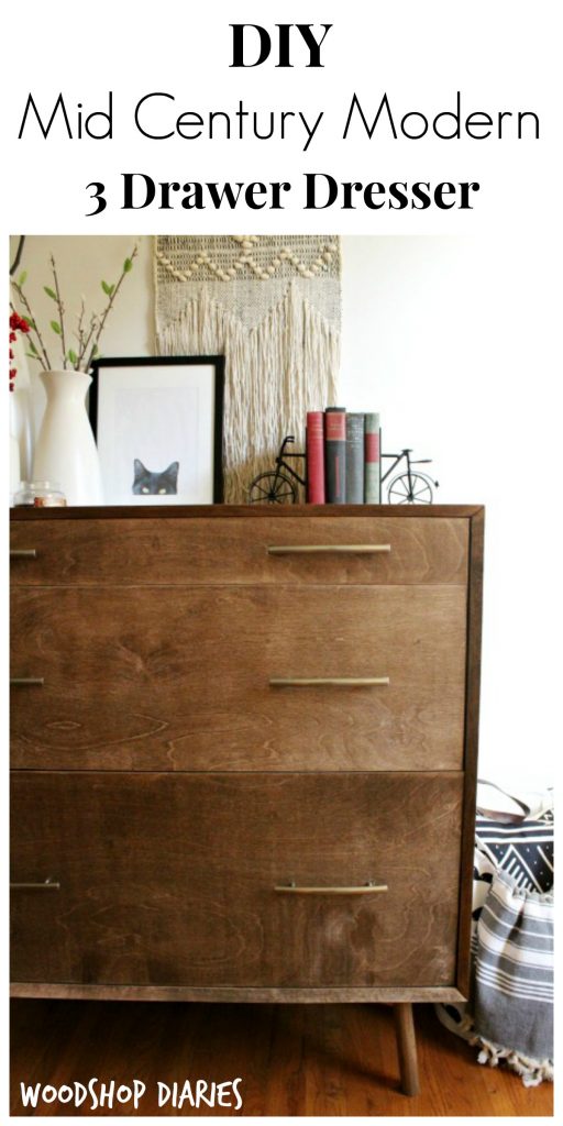 How to build your own DIY Mid Century Dresser with these free building plans! Don't wait to find vintage--just make your own! Stained in Minwax Special Walnut, this DIY piece looks like an authentic mid century dresser!