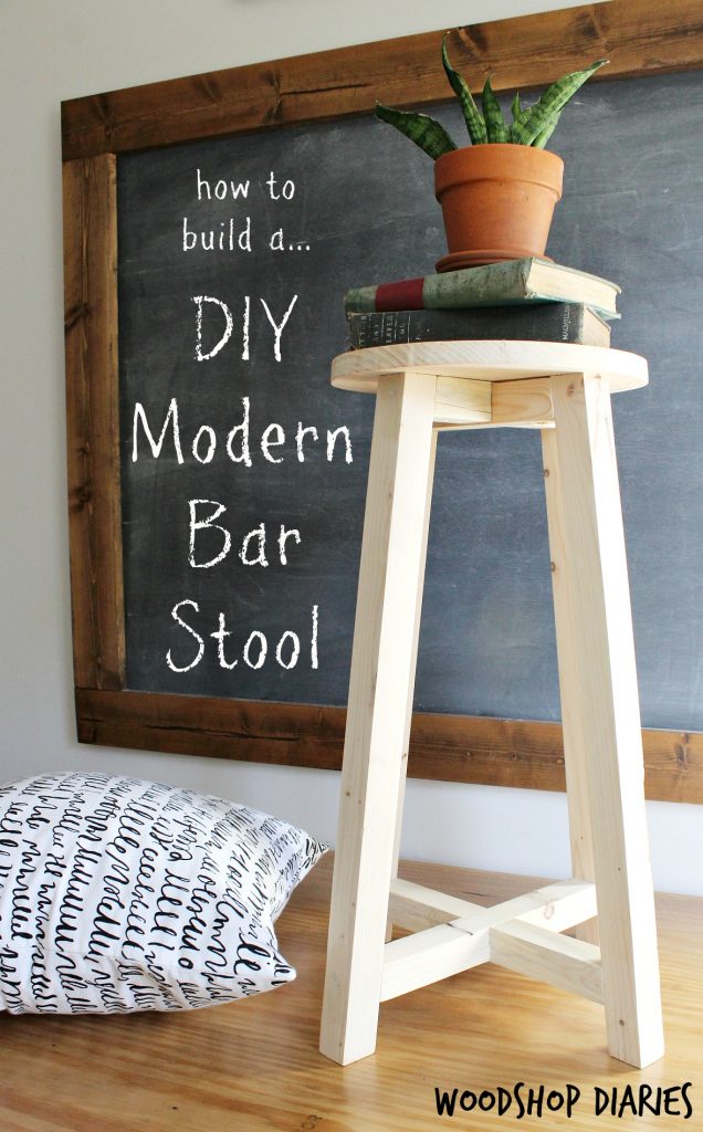 How to build a super simple modern DIY bar stool from some scraps and 2x2 boards! Free building plans and super easy tutorial. Great beginner woodworking project and could be used for bar stool, plant stand, desk stool, step stool, whatever you want!